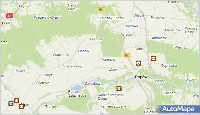 mapa Florianów gmina Popów, Florianów gmina Popów na mapie Targeo