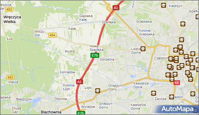 mapa Gorzelnia gmina Blachownia, Gorzelnia gmina Blachownia na mapie Targeo