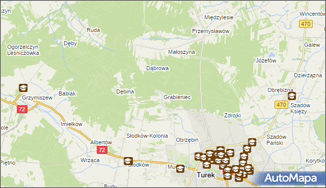 mapa Grabieniec gmina Turek, Grabieniec gmina Turek na mapie Targeo