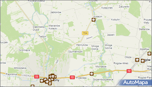 mapa Henryków gmina Brzeziny, Henryków gmina Brzeziny na mapie Targeo