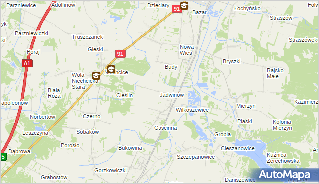 mapa Jadwinów gmina Gorzkowice, Jadwinów gmina Gorzkowice na mapie Targeo