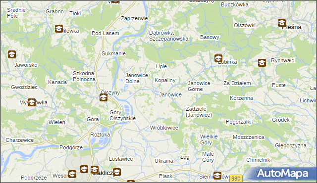 mapa Janowice gmina Pleśna, Janowice gmina Pleśna na mapie Targeo