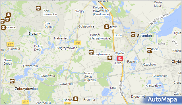 mapa Jarząbkowice gmina Pawłowice, Jarząbkowice gmina Pawłowice na mapie Targeo
