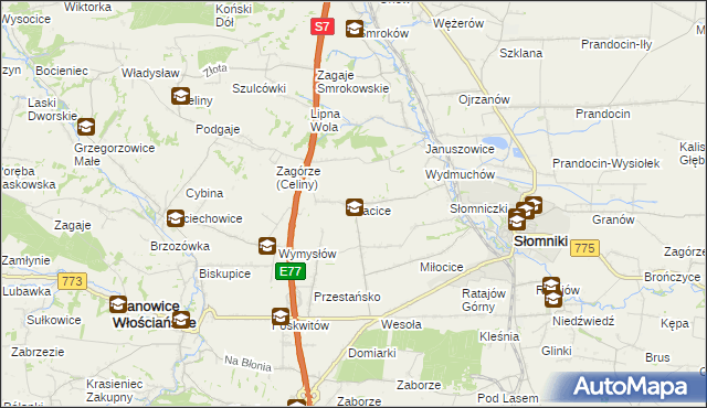 mapa Kacice gmina Słomniki, Kacice gmina Słomniki na mapie Targeo