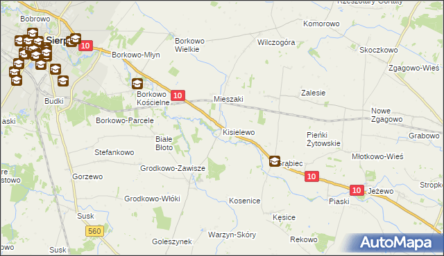 mapa Kisielewo gmina Sierpc, Kisielewo gmina Sierpc na mapie Targeo