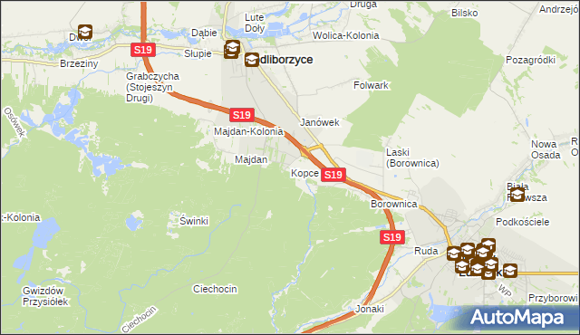 mapa Kopce gmina Janów Lubelski, Kopce gmina Janów Lubelski na mapie Targeo