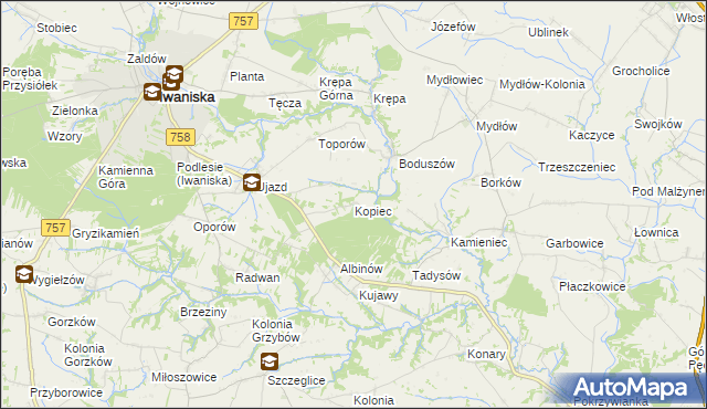 mapa Kopiec gmina Iwaniska, Kopiec gmina Iwaniska na mapie Targeo