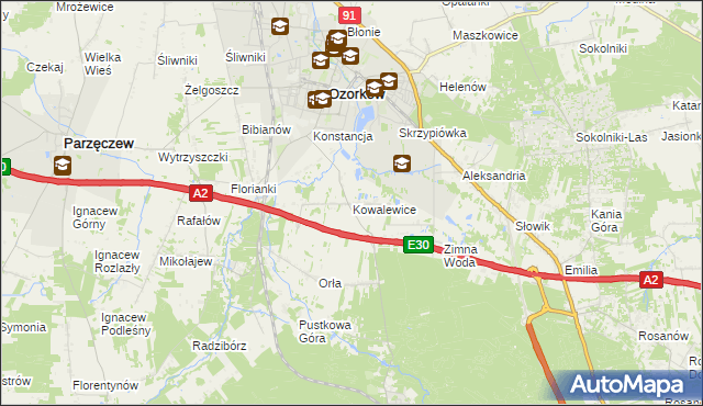 mapa Kowalewice gmina Parzęczew, Kowalewice gmina Parzęczew na mapie Targeo