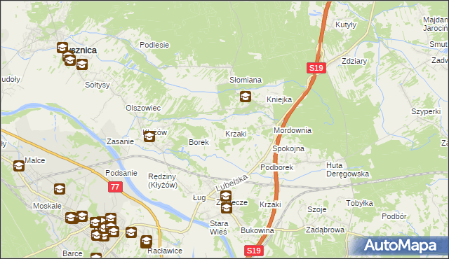 mapa Krzaki gmina Pysznica, Krzaki gmina Pysznica na mapie Targeo