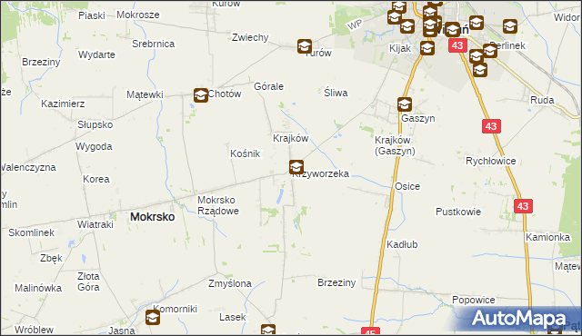 mapa Krzyworzeka gmina Mokrsko, Krzyworzeka gmina Mokrsko na mapie Targeo
