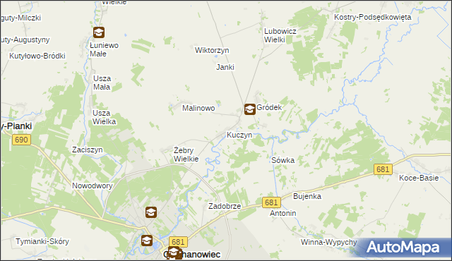 mapa Kuczyn gmina Klukowo, Kuczyn gmina Klukowo na mapie Targeo