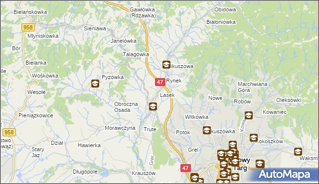 mapa Lasek gmina Nowy Targ, Lasek gmina Nowy Targ na mapie Targeo