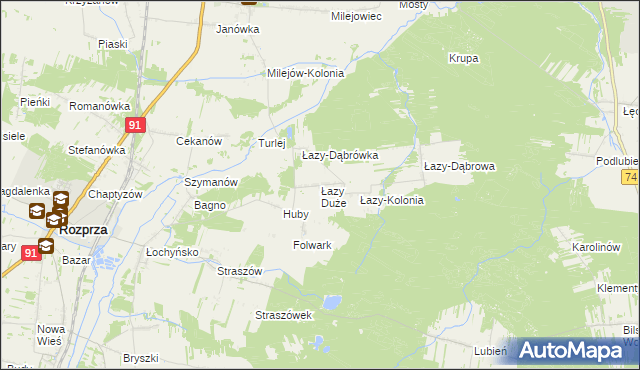mapa Łazy Duże gmina Rozprza, Łazy Duże gmina Rozprza na mapie Targeo