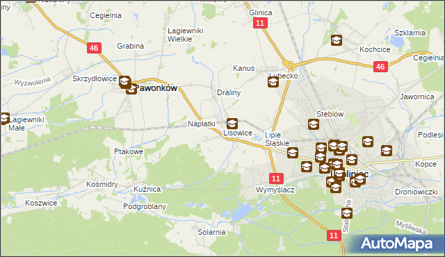 mapa Lisowice gmina Pawonków, Lisowice gmina Pawonków na mapie Targeo