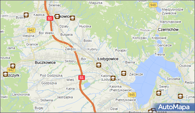 mapa Łodygowice powiat żywiecki, Łodygowice powiat żywiecki na mapie Targeo