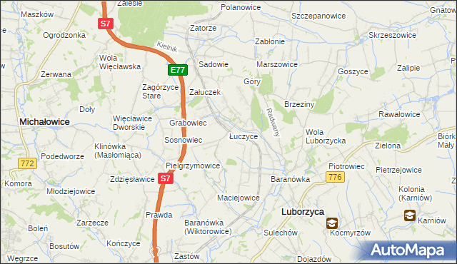 mapa Łuczyce gmina Kocmyrzów-Luborzyca, Łuczyce gmina Kocmyrzów-Luborzyca na mapie Targeo