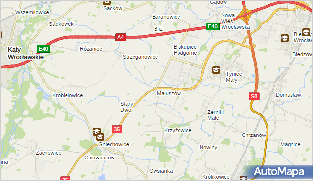 mapa Małuszów gmina Kobierzyce, Małuszów gmina Kobierzyce na mapie Targeo