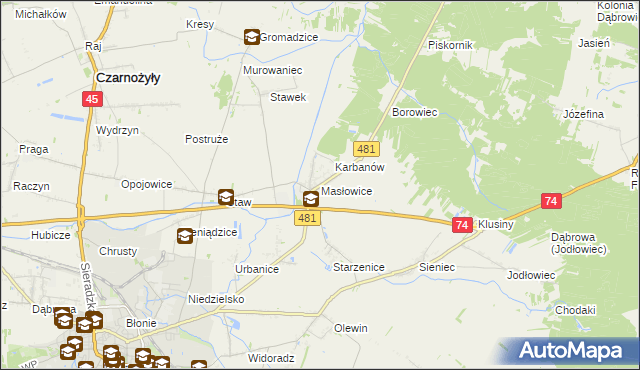 mapa Masłowice gmina Wieluń, Masłowice gmina Wieluń na mapie Targeo