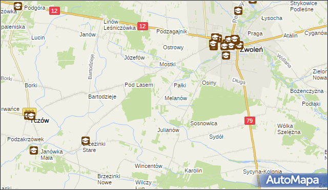 mapa Melanów gmina Zwoleń, Melanów gmina Zwoleń na mapie Targeo
