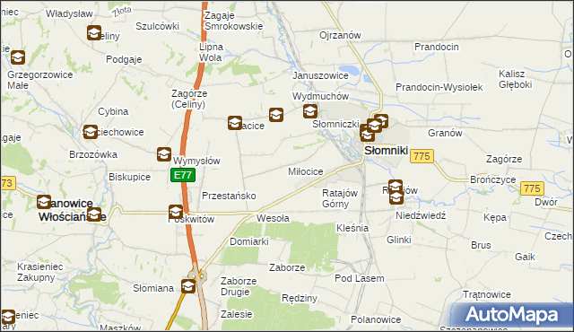 mapa Miłocice gmina Słomniki, Miłocice gmina Słomniki na mapie Targeo