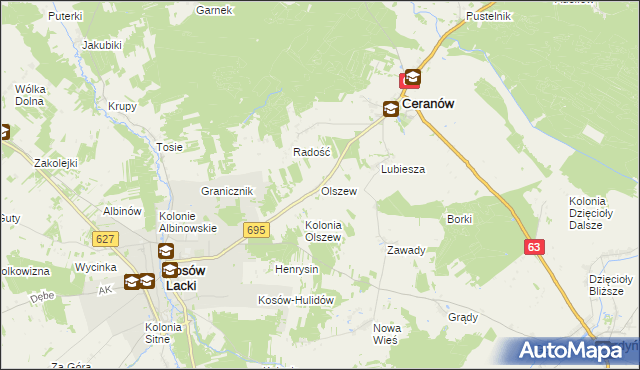 mapa Olszew gmina Ceranów, Olszew gmina Ceranów na mapie Targeo