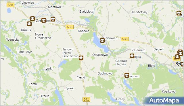 mapa Ostaszewo gmina Grodziczno, Ostaszewo gmina Grodziczno na mapie Targeo