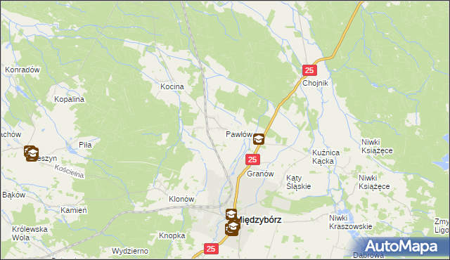 mapa Pawłów gmina Sośnie, Pawłów gmina Sośnie na mapie Targeo