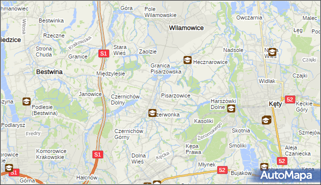 mapa Pisarzowice gmina Wilamowice, Pisarzowice gmina Wilamowice na mapie Targeo