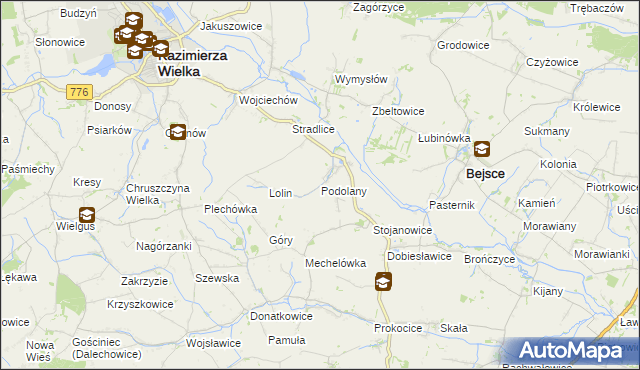 mapa Podolany gmina Kazimierza Wielka, Podolany gmina Kazimierza Wielka na mapie Targeo