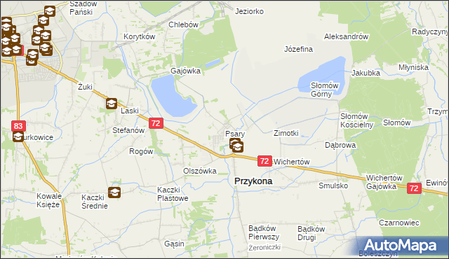 mapa Psary gmina Przykona, Psary gmina Przykona na mapie Targeo