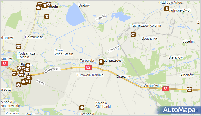 mapa Puchaczów powiat łęczyński, Puchaczów powiat łęczyński na mapie Targeo