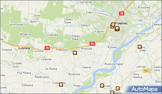 mapa Ruszcza gmina Połaniec, Ruszcza gmina Połaniec na mapie Targeo