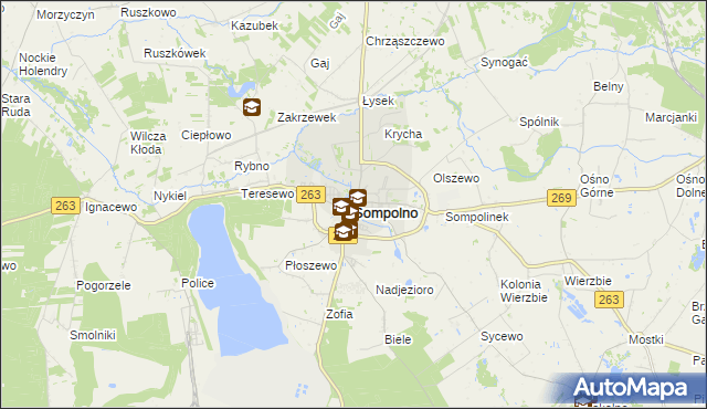 mapa Sompolno, Sompolno na mapie Targeo