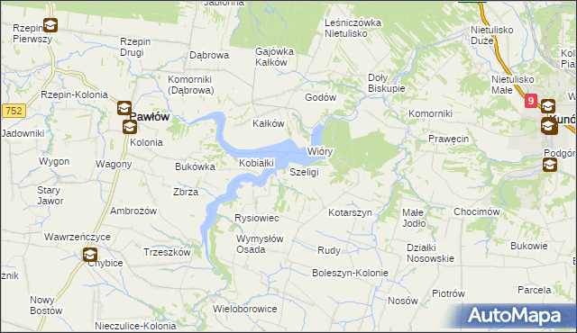mapa Szeligi gmina Pawłów, Szeligi gmina Pawłów na mapie Targeo
