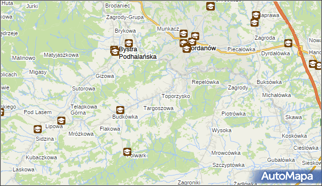 mapa Toporzysko gmina Jordanów, Toporzysko gmina Jordanów na mapie Targeo