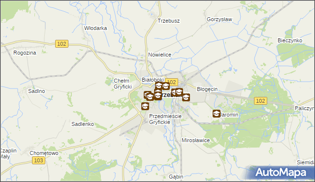 mapa Trzebiatów powiat gryficki, Trzebiatów powiat gryficki na mapie Targeo