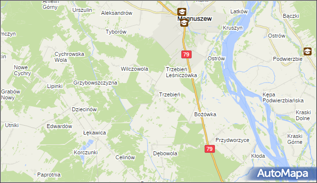 mapa Trzebień gmina Magnuszew, Trzebień gmina Magnuszew na mapie Targeo