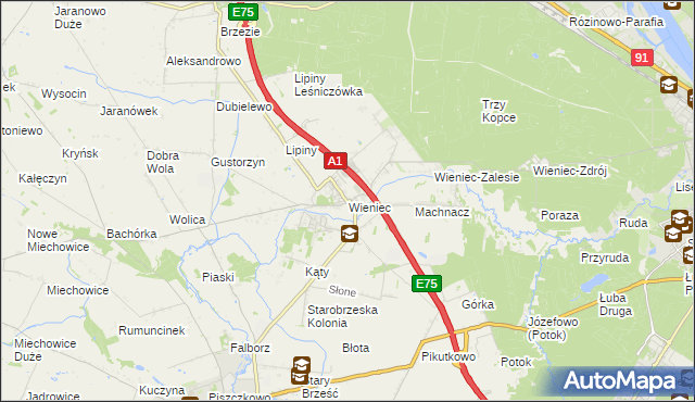 mapa Wieniec gmina Brześć Kujawski, Wieniec gmina Brześć Kujawski na mapie Targeo
