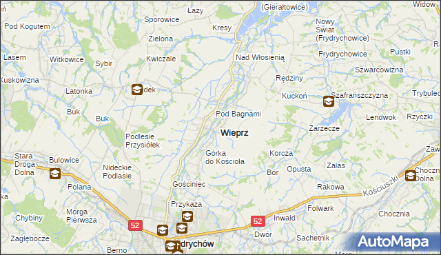 mapa Wieprz powiat wadowicki, Wieprz powiat wadowicki na mapie Targeo