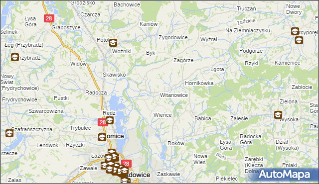mapa Witanowice gmina Tomice, Witanowice gmina Tomice na mapie Targeo