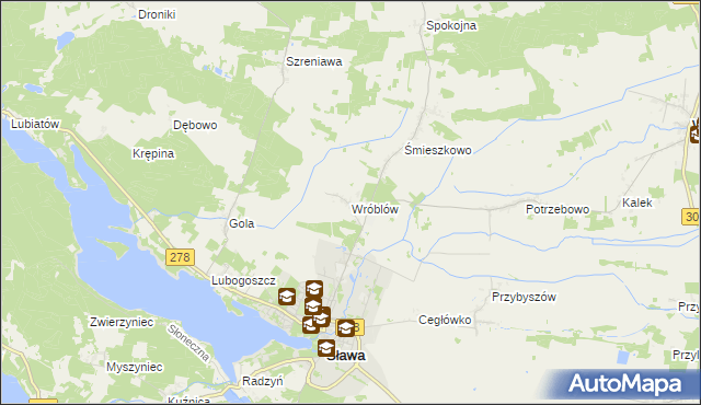 mapa Wróblów gmina Sława, Wróblów gmina Sława na mapie Targeo