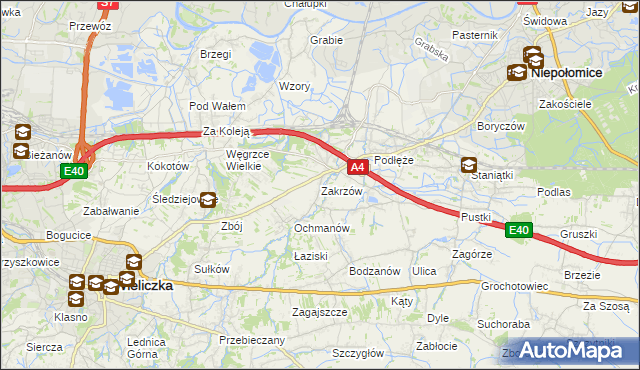 mapa Zakrzów gmina Niepołomice, Zakrzów gmina Niepołomice na mapie Targeo