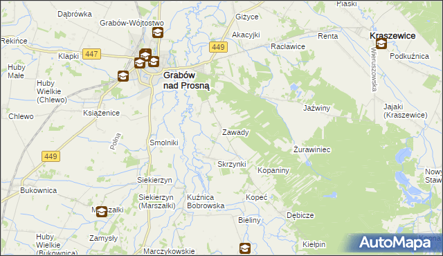 mapa Zawady gmina Grabów nad Prosną, Zawady gmina Grabów nad Prosną na mapie Targeo