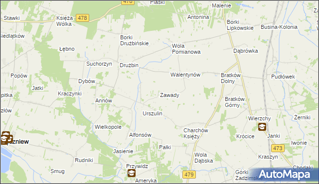 mapa Zawady gmina Zadzim, Zawady gmina Zadzim na mapie Targeo