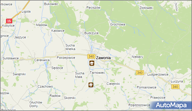 mapa Zawonia powiat trzebnicki, Zawonia powiat trzebnicki na mapie Targeo