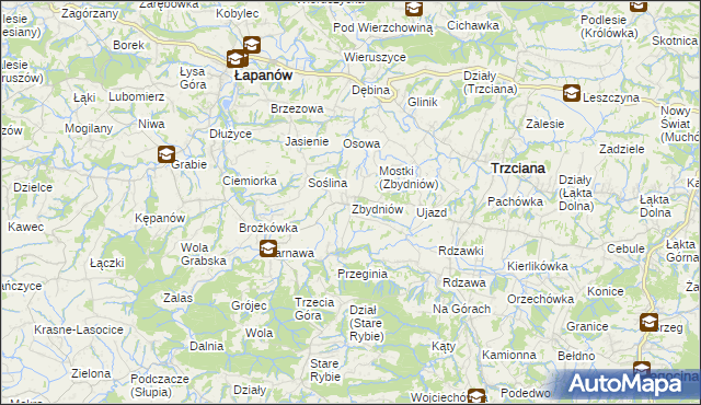 mapa Zbydniów gmina Łapanów, Zbydniów gmina Łapanów na mapie Targeo