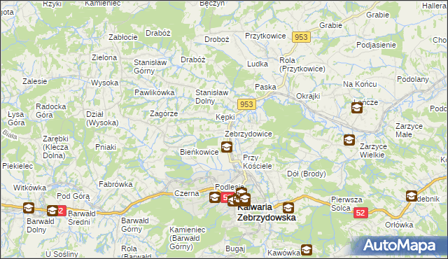mapa Zebrzydowice gmina Kalwaria Zebrzydowska, Zebrzydowice gmina Kalwaria Zebrzydowska na mapie Targeo