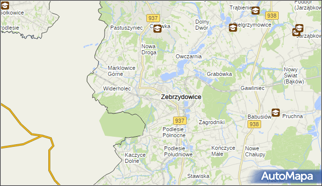 mapa Zebrzydowice powiat cieszyński, Zebrzydowice powiat cieszyński na mapie Targeo