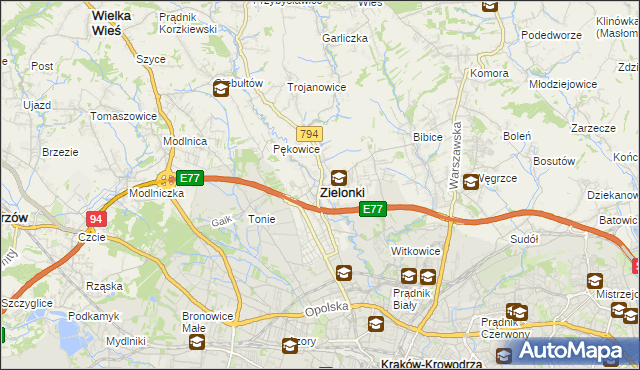 mapa Zielonki powiat krakowski, Zielonki powiat krakowski na mapie Targeo