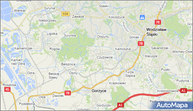 mapa Czyżowice gmina Gorzyce, Czyżowice gmina Gorzyce na mapie Targeo